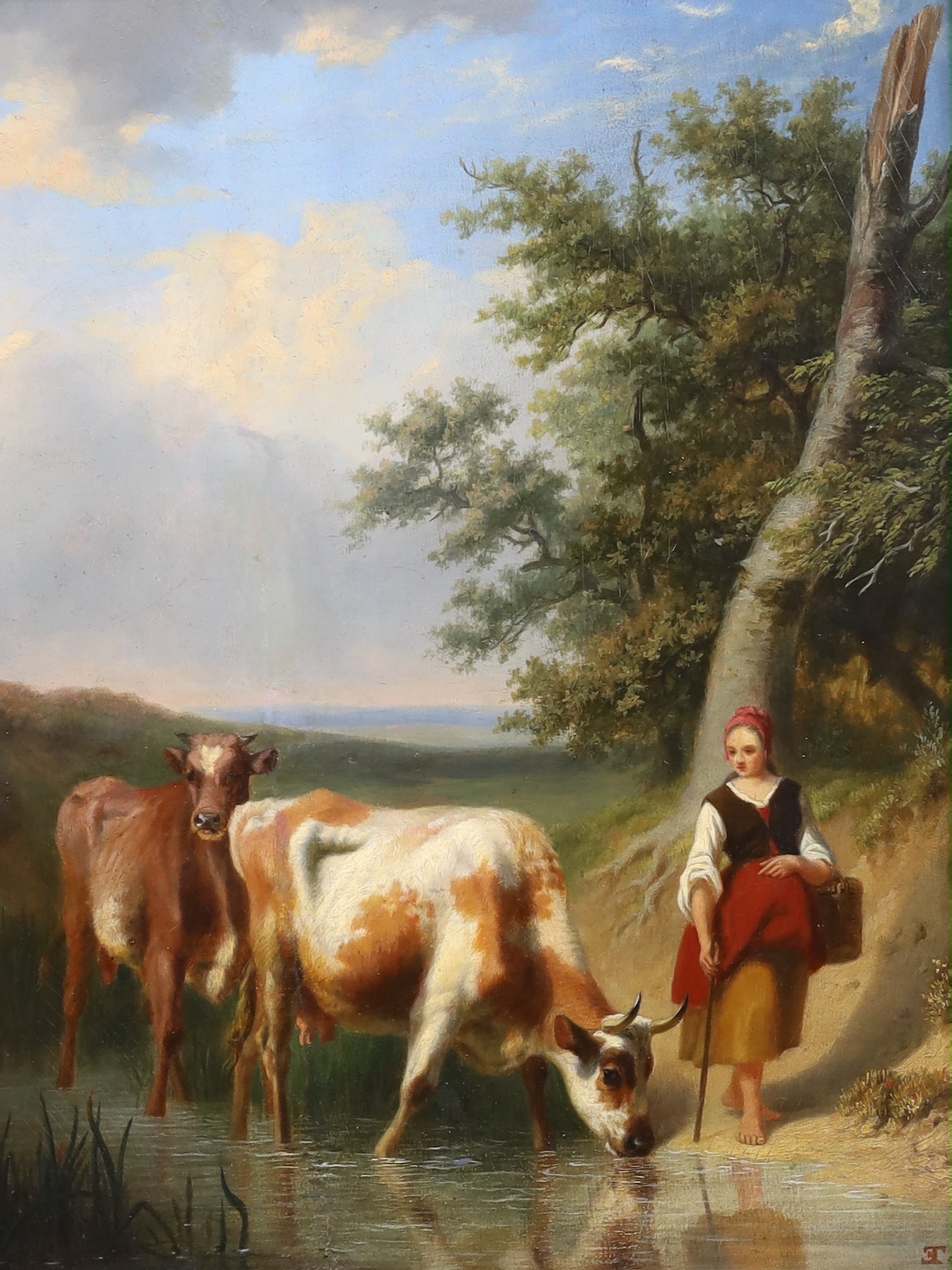 Edmond Jean-Baptiste Tschaggeny (Belgian, 1818-1873), oil on wooden panel, Cattle drover and cows beside a stream, monogrammed, 28 x 21cm